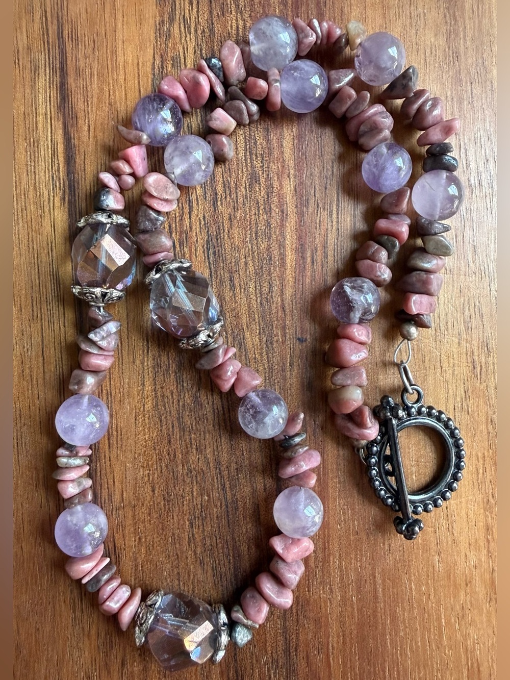 Vintage Pink & Lavender Beaded Necklace Gemstone Amethyst Toggle Clasp